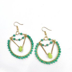 NWOT - Bright Gold Tone Large Hoop Green Beaded Fishhook Earrings